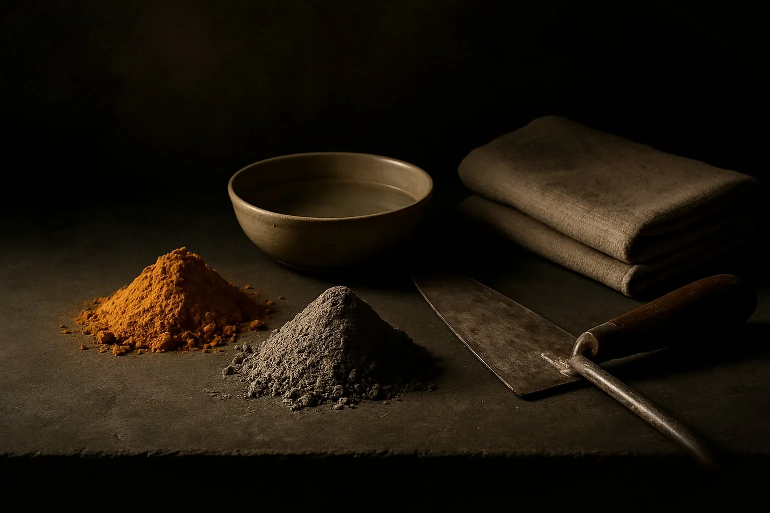 Natural materials for mineral plaster — pigment, trowel, water